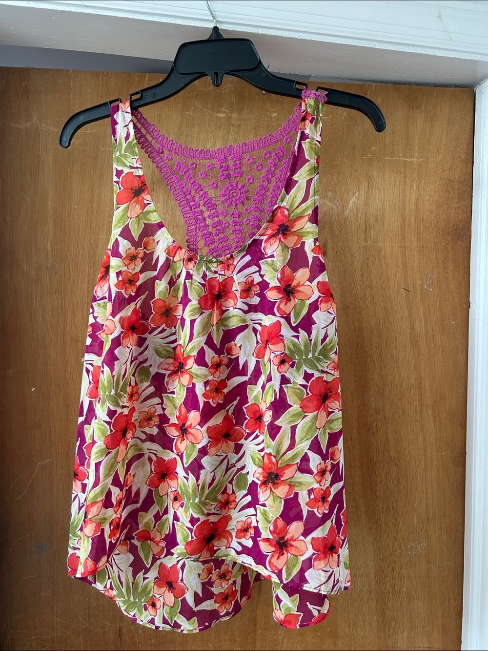 Aeropostale Crochet-Back Floral Tank in Fuchsia and Red-Orange